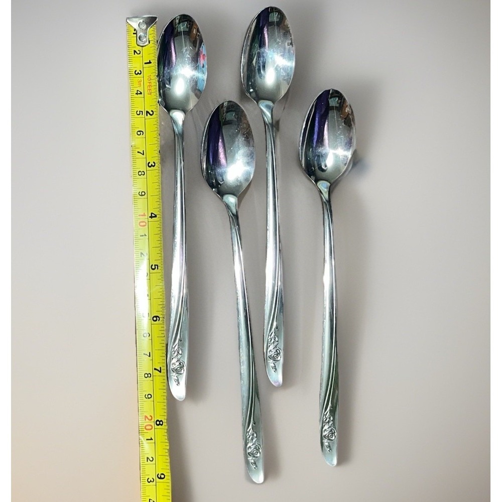 VTG Oneida Roseanne Rose Pastel Set of 4 Iced Tea Spoons‎ 7.5" Long Handled